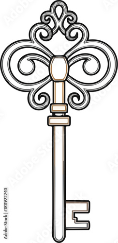 A beautifully detailed illustration of an ornate, vintage skeleton key with a decorative filigree bow.