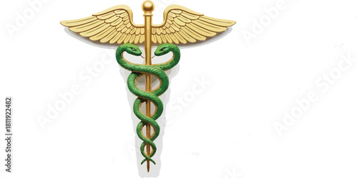 A detailed image of a caduceus symbol featuring a golden staff, two green snakes intertwined, and golden wings, set against a clean white background.