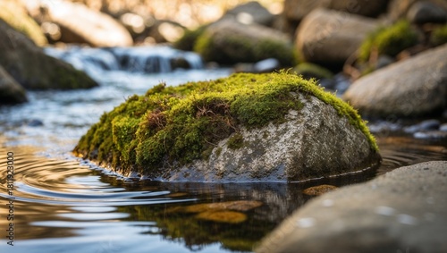 A photo of a moss-covered stone in a mountain stream.