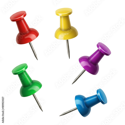 Collection of colorful push pins isolated on transparent background