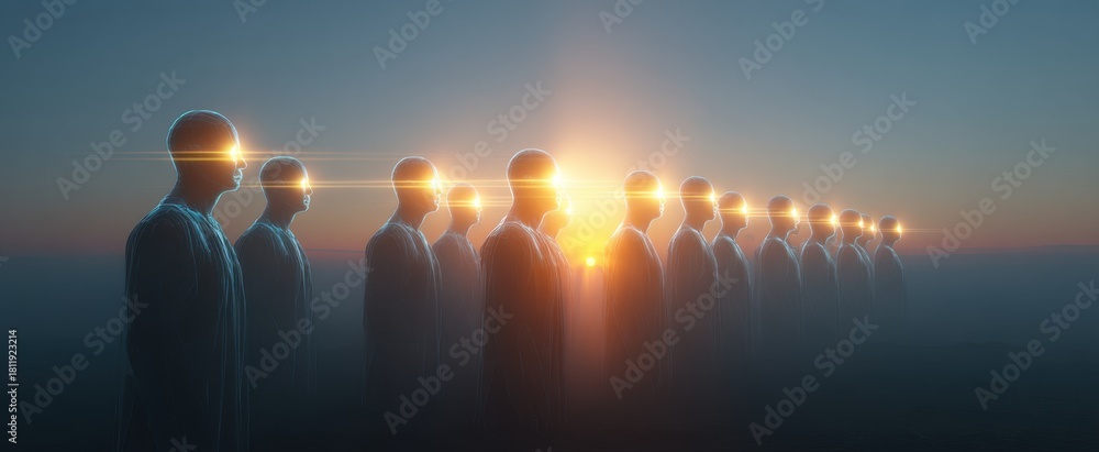 Fototapeta premium Futuristic vision of human figures with light rays at sunrise for sci-fi concept and poster design,Gift of Sight Month