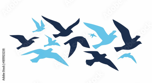 Flock of birds in flight vector illustration. Simple blue silhouettes in a minimalist style. Graphic design element for freedom and migration concepts