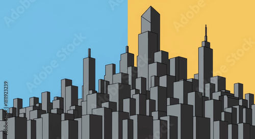 Abstract city skyline with geometric buildings. Modern vector illustration of an urban metropolis. Day and night concept with a split color background