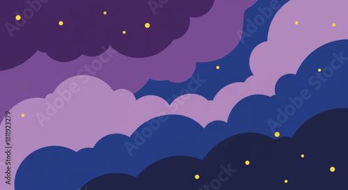 Cartoon night sky with layered clouds and stars. Flat design vector illustration. Dreamy celestial background for wallpaper and web design.