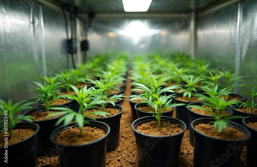 Young cannabis plants growing in pots inside grow box. Marijuana seedlings cultivated under artificial light in controlled environment. Small green sprouts in vegetative state at indoor hemp farm.
