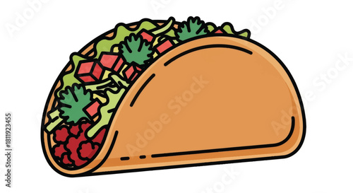 Cartoon taco vector illustration. Mexican fast food icon with a clean outline style. Isolated graphic element for a restaurant menu