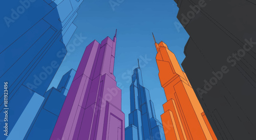 Futuristic cityscape with colorful skyscrapers. Low angle perspective vector illustration. Modern flat cartoon style architectural background