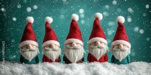 Christmas gnomes with red glitter hats white beards snowy foreground. Teal winter background, falling snow, festive nordic holiday decoration. Banner poster print design.