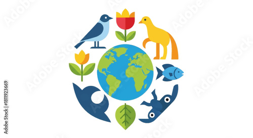 Ecology and biodiversity vector illustration. Planet earth surrounded by animals, fish, birds, and flowers. Flat design concept for environmental conservation and Earth Day