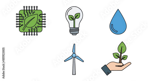 Green technology and renewable energy icon set. Simple flat outline symbols for ecology and sustainability concepts. Vector illustration collection