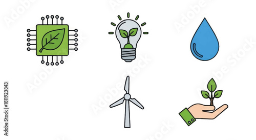 Eco tech and green energy icon set. Simple flat design vector illustrations. Symbols for sustainability, conservation, and renewable power