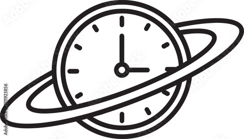 Black and white line art icon of a clock face stylized as a ringed planet (Saturn). Minimalist vector symbol for time management, universal time, space and time concepts, astronomy, or deadlines.