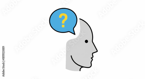 Minimalist icon of a head with a question mark. Thinking, confusion, and problem-solving concept. Flat design vector illustration