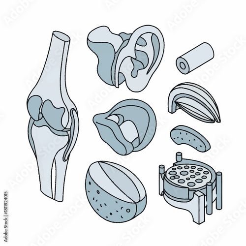 Set of 3D printed human organs and body parts illustrations.