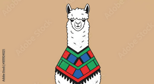 Funny cartoon alpaca in a festive poncho. South American animal character vector illustration. Peruvian llama with traditional clothing graphic