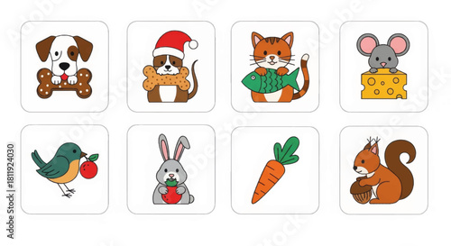 Cute animal character icon set with food. Cartoon vector illustration of a dog, cat, mouse, rabbit, and squirrel. Includes a Christmas-themed dog isolated on a white background