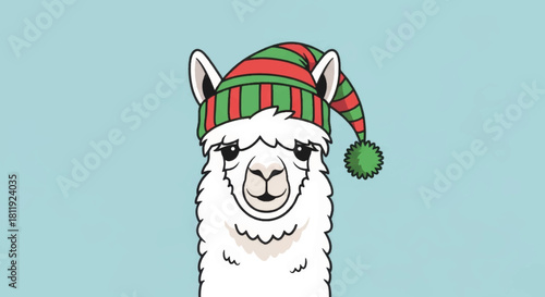 Funny cartoon alpaca in a festive Christmas hat. Vector illustration of a holiday llama character. Isolated graphic for seasonal greeting cards
