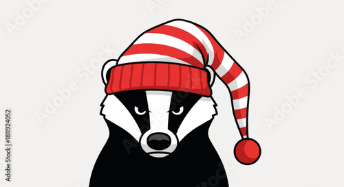 A funny cartoon badger with a grumpy expression wearing a striped stocking cap. Christmas holiday vector illustration. Isolated animal character mascot