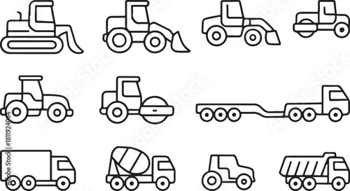 Construction Vehicle Line Icon Set – Bulldozer, Loader, Mixer, Grader, Roller.