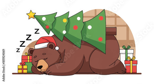 A funny cartoon bear sleeping with a Christmas tree on its back. Whimsical holiday vector illustration. Animal character in a Santa hat surrounded by gifts