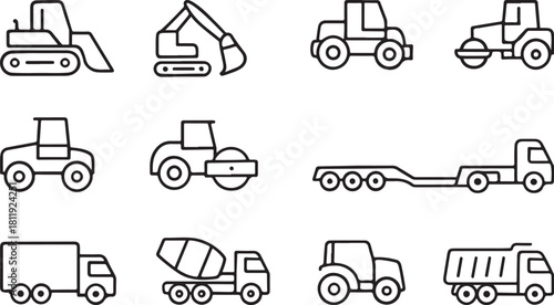 Construction Vehicle Line Icon Set – Bulldozer, Loader, Mixer, Grader, Roller.