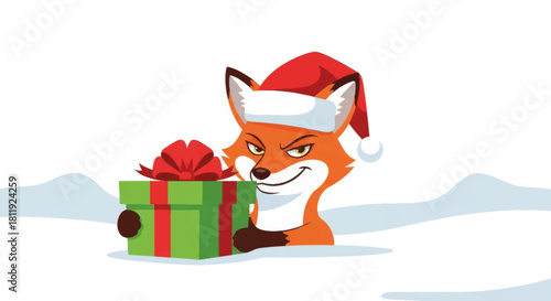 Sly fox with a Christmas gift vector illustration. Funny cartoon animal character wearing a Santa hat. Mischievous holiday graphic isolated on white background