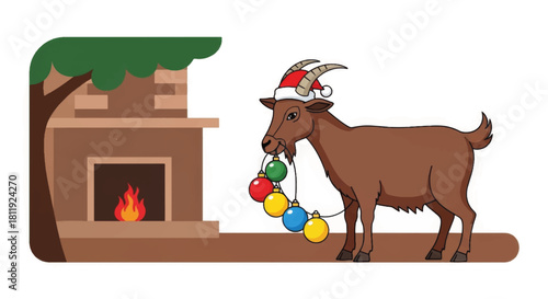 Funny cartoon goat stealing Christmas baubles. Festive animal character wearing a Santa hat by a fireplace. Holiday vector illustration