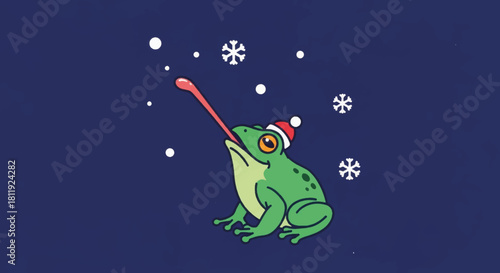 A funny cartoon frog catching snowflakes with its tongue. Christmas and winter holiday vector illustration. Festive amphibian character wearing a Santa hat