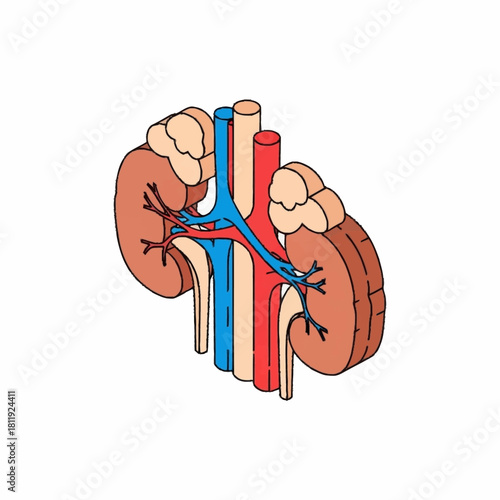 Anatomical Illustration of Human Kidneys with Arteries and Veins.