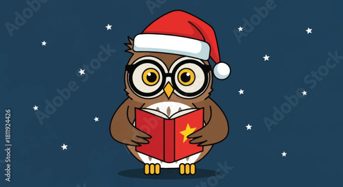 A cartoon owl in a Santa hat and glasses reading a book. Christmas holiday and education concept. Festive winter vector illustration