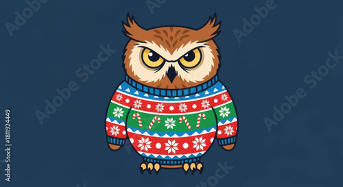 A funny cartoon owl wearing a grumpy expression and a festive Christmas sweater. Vector illustration of a bird character for holiday designs