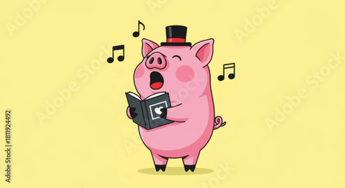 A cartoon pig character singing from a songbook. Funny musical animal with a top hat vector illustration.