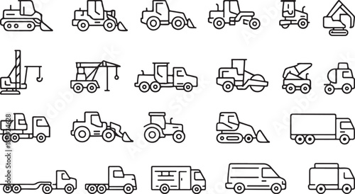 Construction Vehicle Line Icon Set – Bulldozer, Loader, Mixer, Grader, Roller.