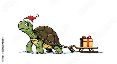 Funny cartoon turtle with a Santa hat pulling a Christmas sleigh. Slow holiday gift delivery concept. Whimsical animal character vector illustration