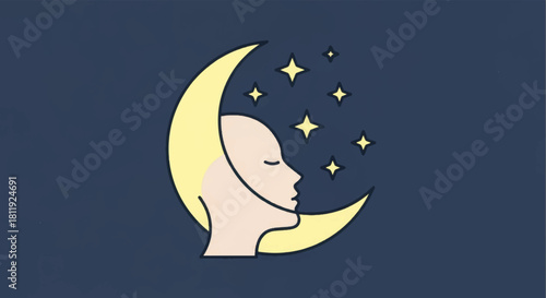 Minimalist illustration of a person sleeping in a crescent moon. Health, wellness, and good sleep concept. Simple flat line art vector graphic