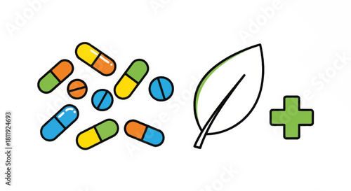Pharmaceutical pills and natural leaf medicine icon. Flat outline vector illustration of healthcare choices. Concept of conventional vs alternative remedies and supplements