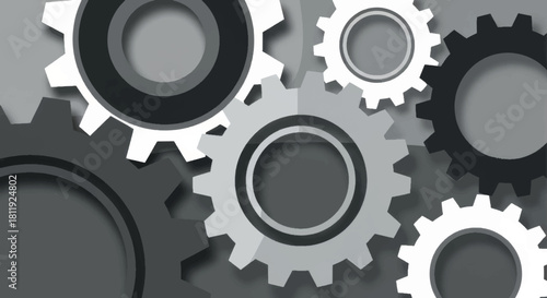 A monochrome illustration of interlocking gears. Mechanical engineering, teamwork, and process concept. Abstract vector background