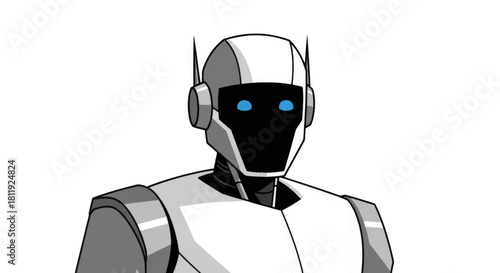 Stylized humanoid robot vector illustration. Futuristic AI character with glowing blue eyes. Cartoon mascot or avatar isolated on white background