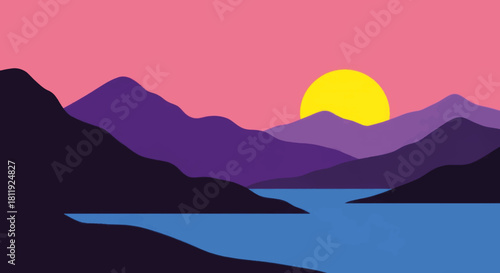Minimalist landscape vector illustration. Flat design of a colorful mountain sunset. Abstract nature scene with a lake and vibrant sky