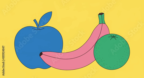 A modern illustration of a fruit still life. Pop art inspired flat design with a blue apple, pink banana, and green orange. Vector graphic for healthy eating concepts