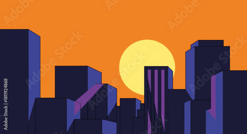 Minimalist urban cityscape vector illustration. Flat design graphic of a city skyline at sunset. Modern geometric buildings against an orange sky