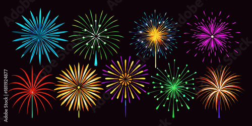A vector collection showcasing  fireworks in various colors, isolated on a black background. Festival & Celebration Graphic Set”
