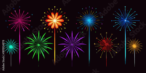 A vector collection showcasing  fireworks in various colors, isolated on a black background. Festival & Celebration Graphic Set”