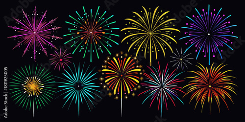 A vector collection showcasing  fireworks in various colors, isolated on a black background. Festival & Celebration Graphic Set”