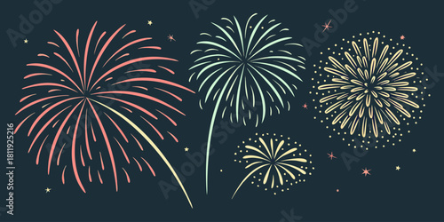 A vector collection showcasing  fireworks in various colors, isolated on a black background. Festival & Celebration Graphic Set”