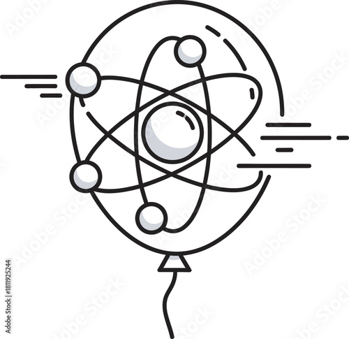 Conceptual line-art vector showing an atom inside a balloon, suggesting light, fast, or celebratory science concepts. Ideal for scientific innovation, physics, education, research launch, or progress.