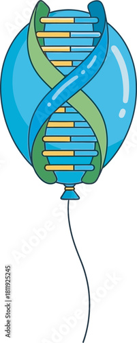 A DNA double helix wrapped around a blue balloon, a conceptual vector illustrating genetics, bio-innovation, life advancement, genetic testing, or the celebration and lightness of scientific discovery