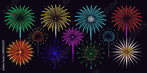 A vector collection showcasing  fireworks in various colors, isolated on a black background. Festival & Celebration Graphic Set”