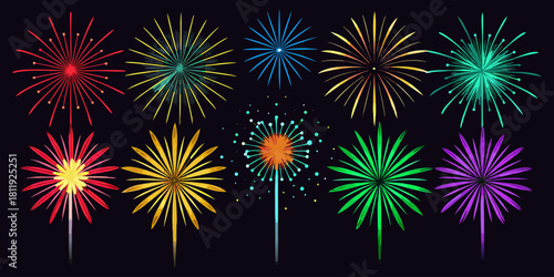 A vector collection showcasing  fireworks in various colors, isolated on a black background. Festival & Celebration Graphic Set”