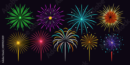 A vector collection showcasing  fireworks in various colors, isolated on a black background. Festival & Celebration Graphic Set”